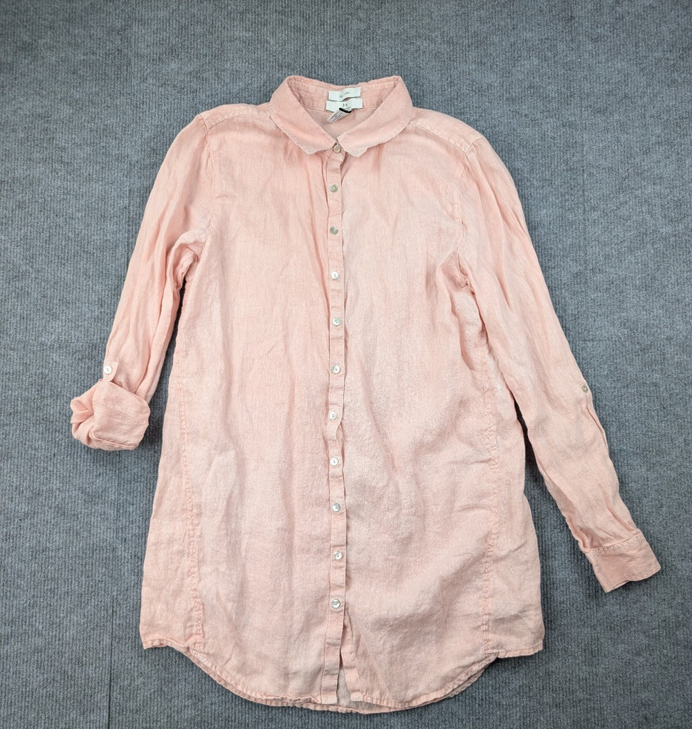 Halston Linen Button Up Shirt Womens Medium Pink Tunic Minimal Coastal Layering